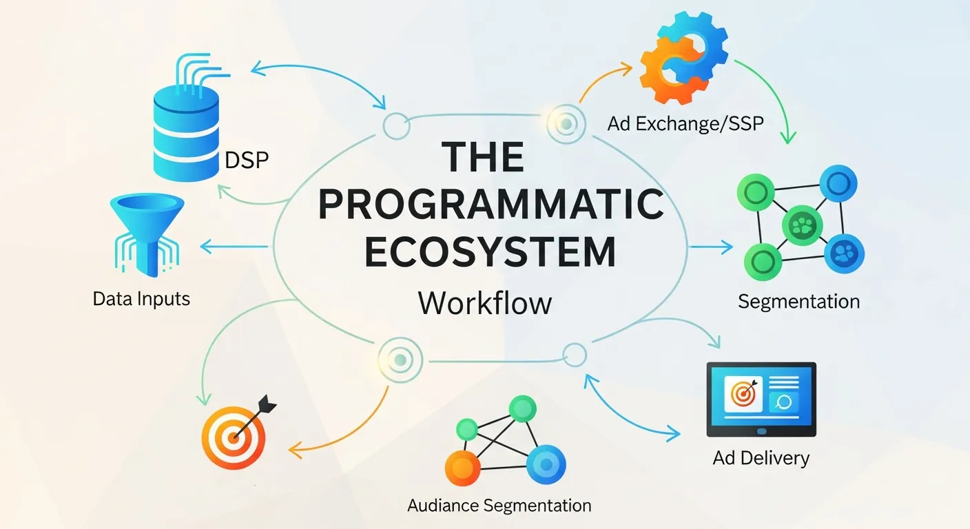 Visual explaining the steps and components of the programmatic advertising ecosystem workflow.