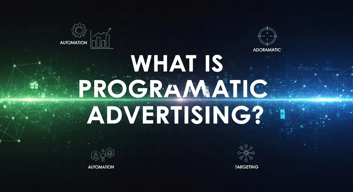 Illustration explaining Programmatic Advertising, showing automated digital ad buying with real-time bidding, data-driven targeting, and ads displayed across websites, mobile apps, and connected TV.
