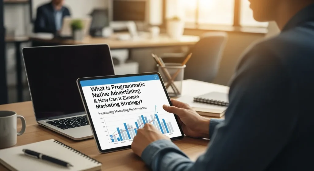 Graphic illustrating how data analytics enhances programmatic native advertising performance, showing dashboards, audience insights, campaign metrics, and optimization strategies