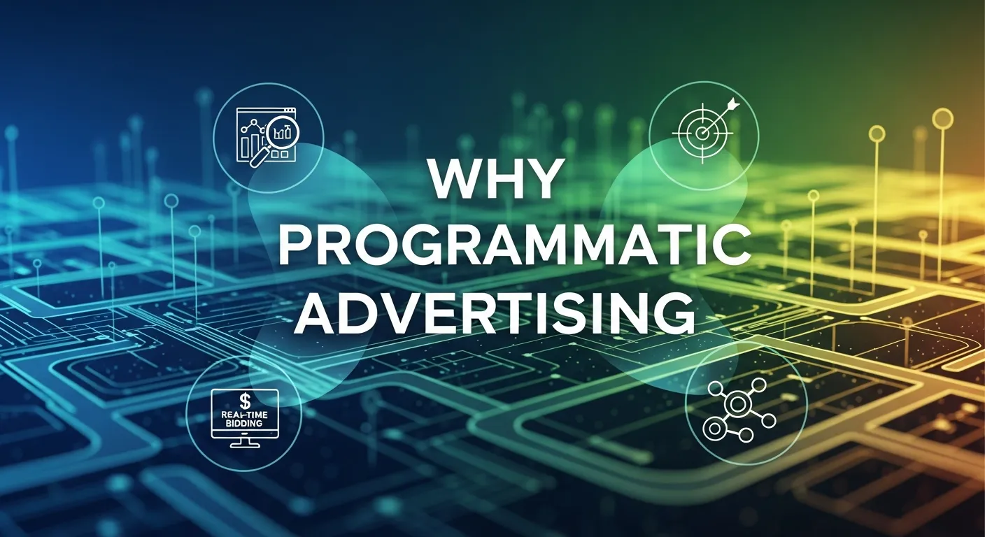 Visual highlighting the benefits of Programmatic Advertising, including automated ad buying, precise audience targeting, real-time optimization, cost efficiency, and improved return on investment.