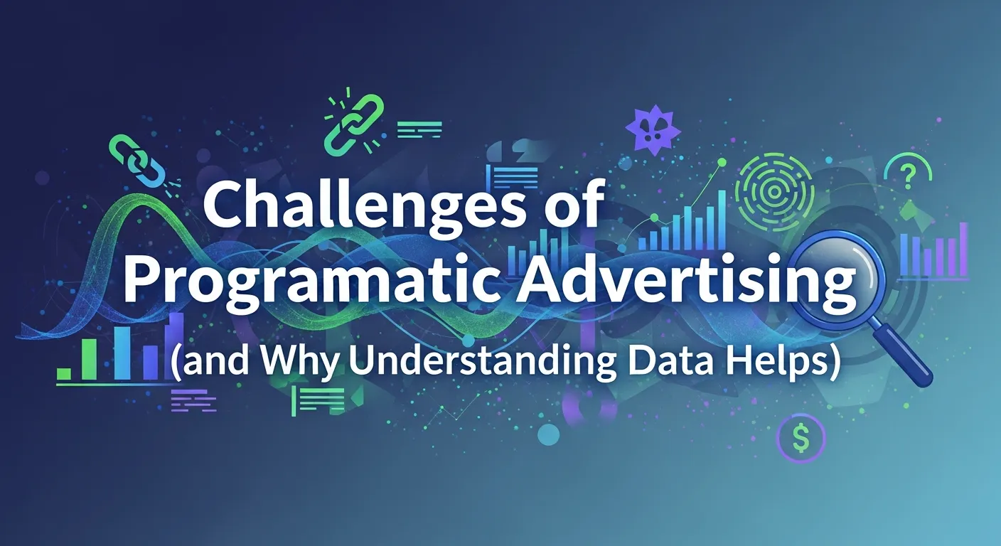 Illustration of challenges in programmatic advertising, emphasizing data analysis and insights to optimize ad performance and overcome obstacles