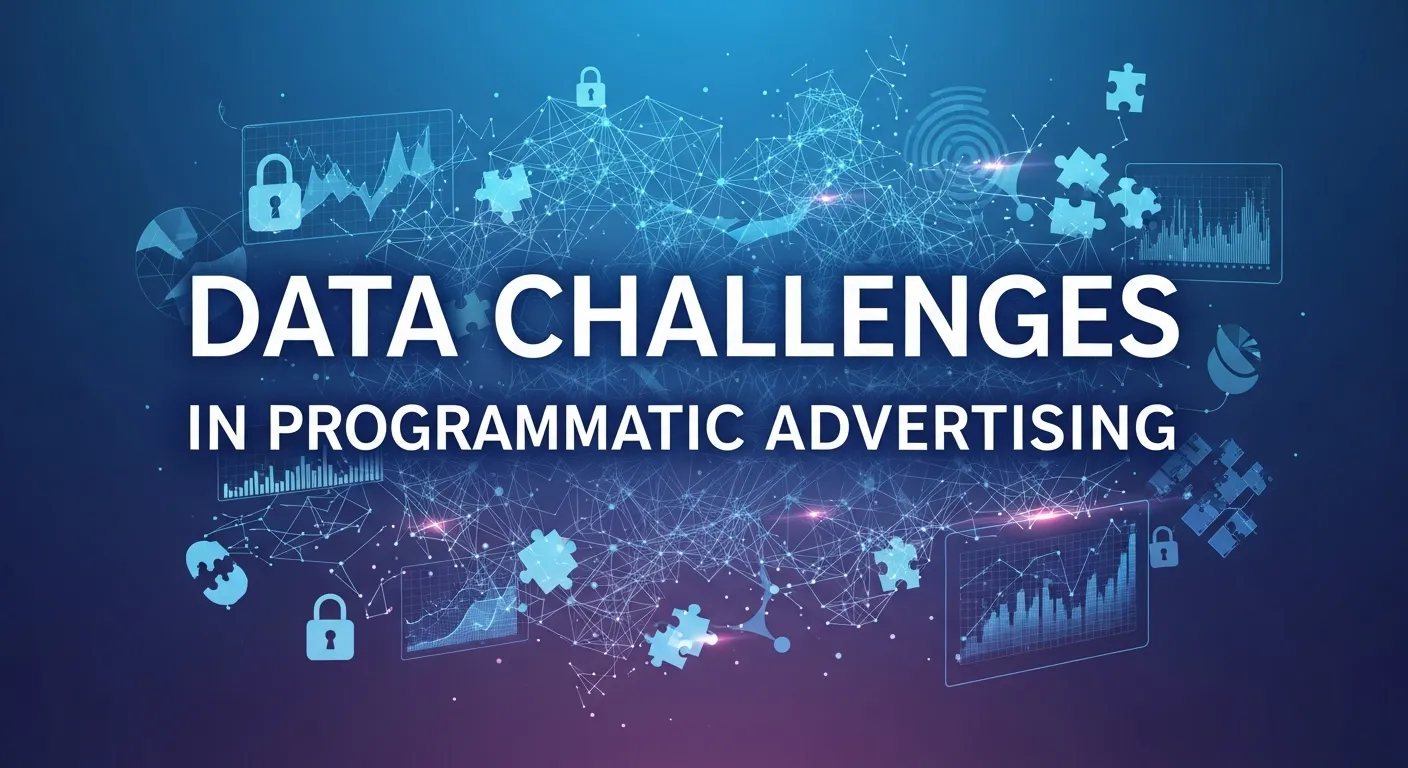 Illustration showing data flow and analytics challenges in programmatic advertising, highlighting data collection, management, and usage issues for marketers