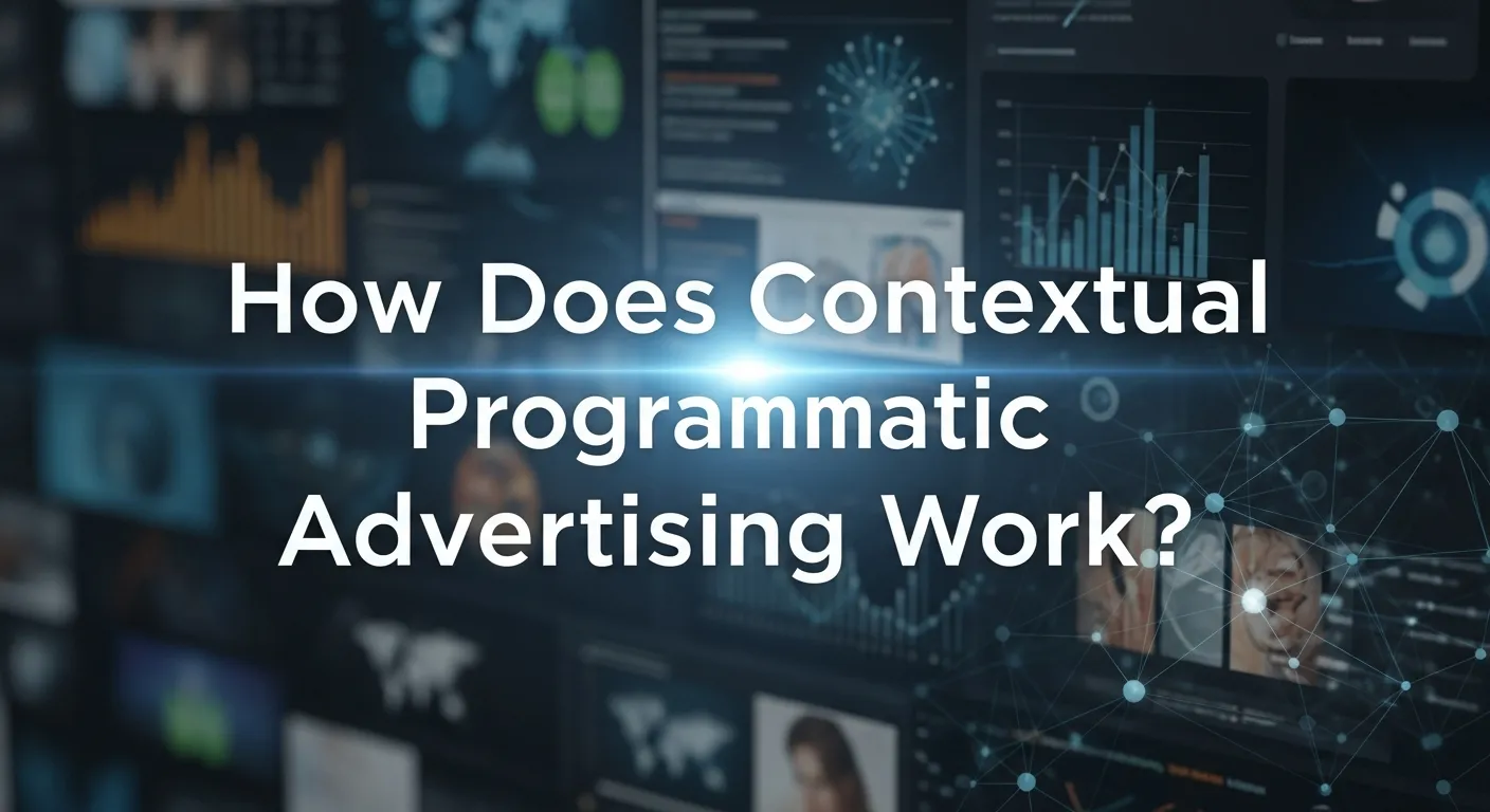 Illustration showing contextual programmatic advertising technology analyzing webpage content in real time to deliver relevant digital ads, highlighting privacy-friendly targeting and brand-safe automated media buying