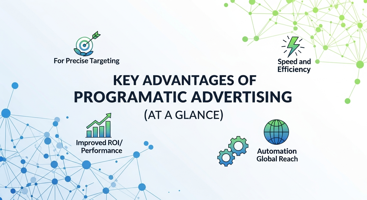 Key advantages of programmatic advertising at a glance, showing benefits such as efficiency, precision targeting, and real-time optimization.