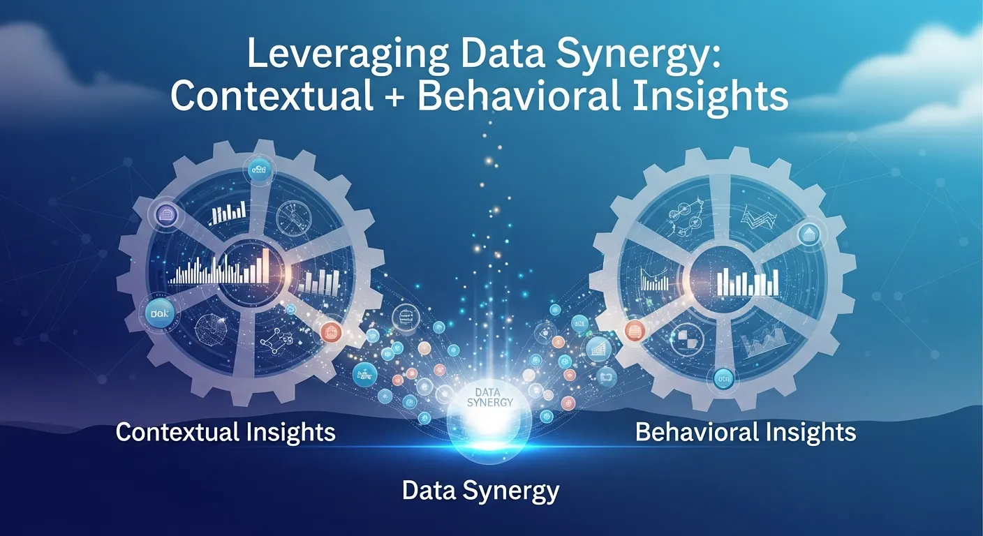 Visual showing integration of contextual and behavioral data to optimize programmatic advertising, featuring charts, user profiles, and real-time ad targeting for enhanced marketing performance