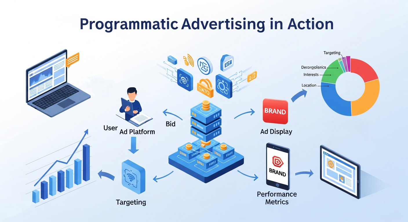 Visual showing programmatic advertising in action, using cookies to track user behavior and deliver personalized digital ads across multiple platforms