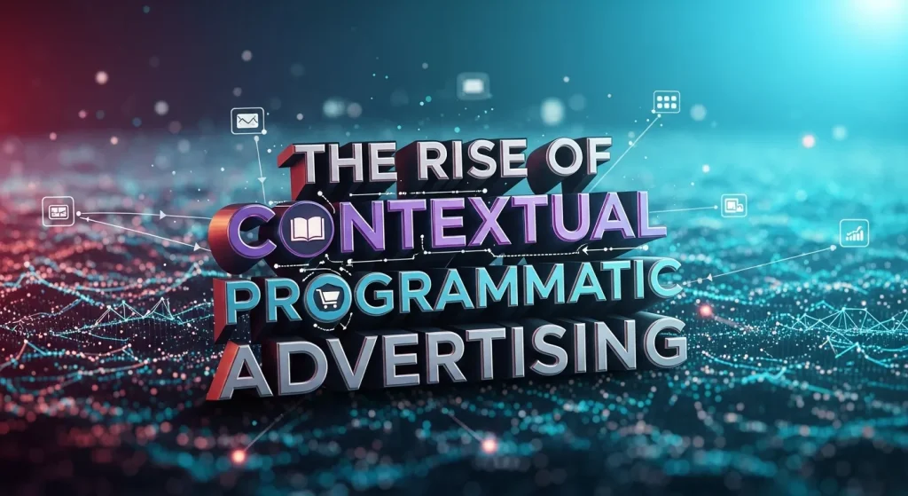 Graphic depicting the concept of contextual programmatic advertising, showing automated ad placement on relevant web content with analytics icons, emphasizing privacy-friendly, real-time, and targeted digital marketing