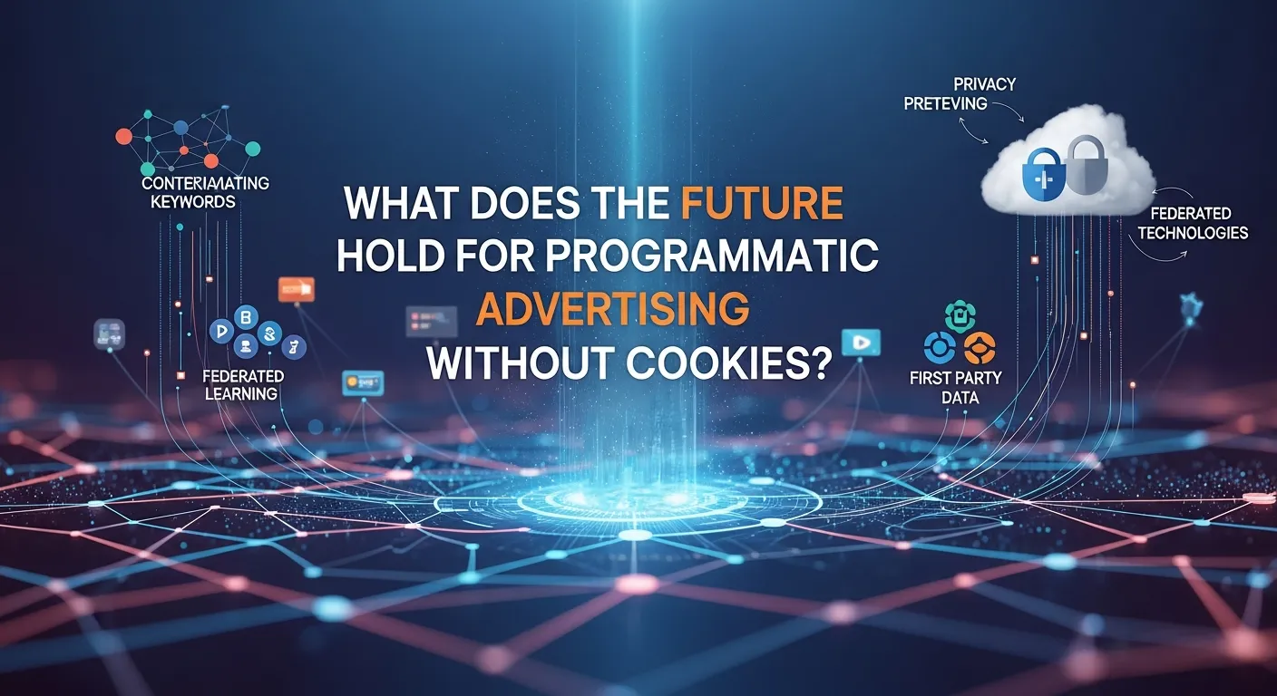 Visual representing the future of programmatic advertising without cookies, emphasizing privacy-friendly targeting, contextual ads, and AI-driven audience insights