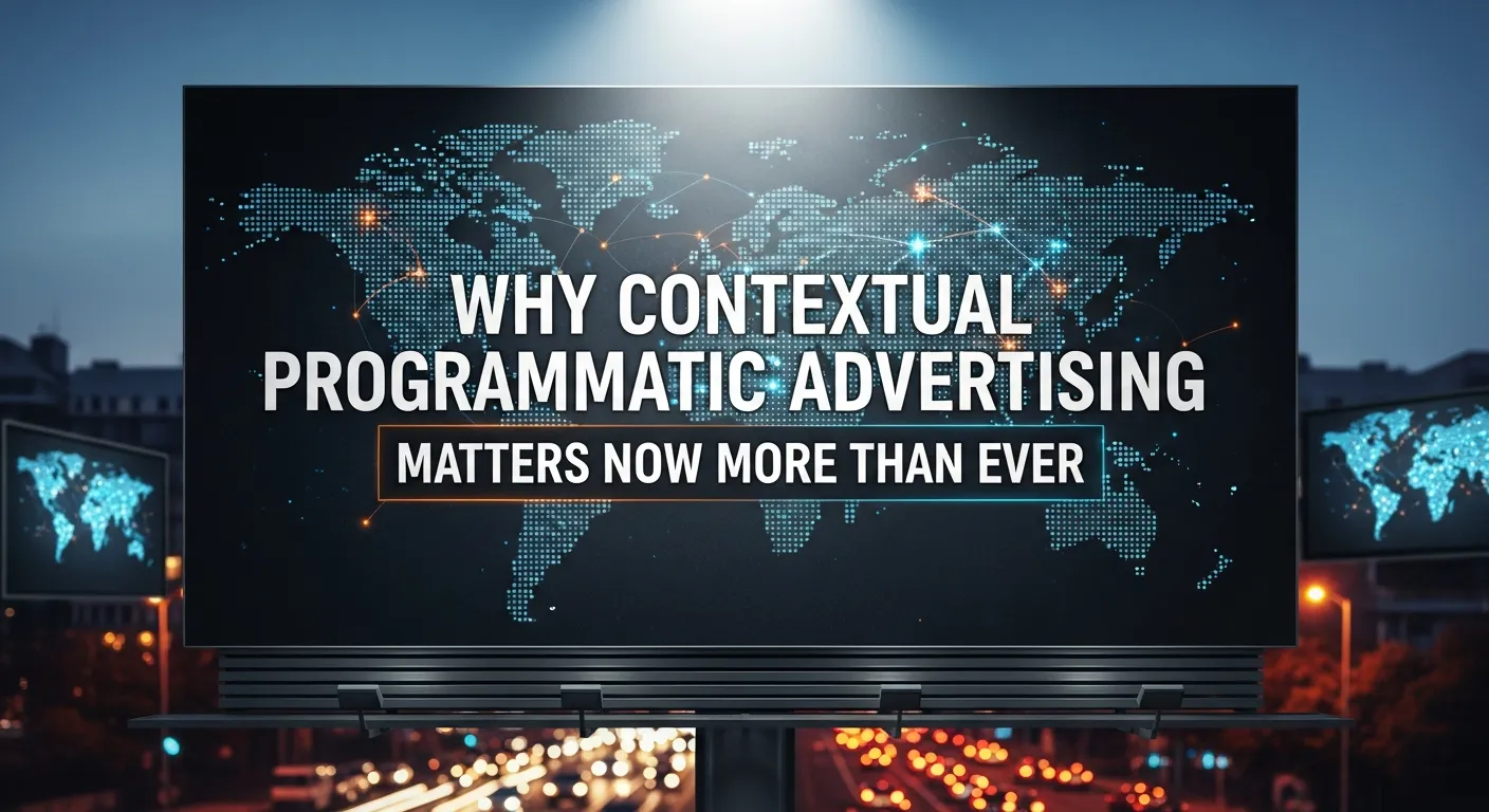 Conceptual graphic showing contextual programmatic advertising analyzing webpage keywords and content to deliver relevant ads, emphasizing privacy-first targeting, brand safety, cookieless marketing, and real-time automated ad placement