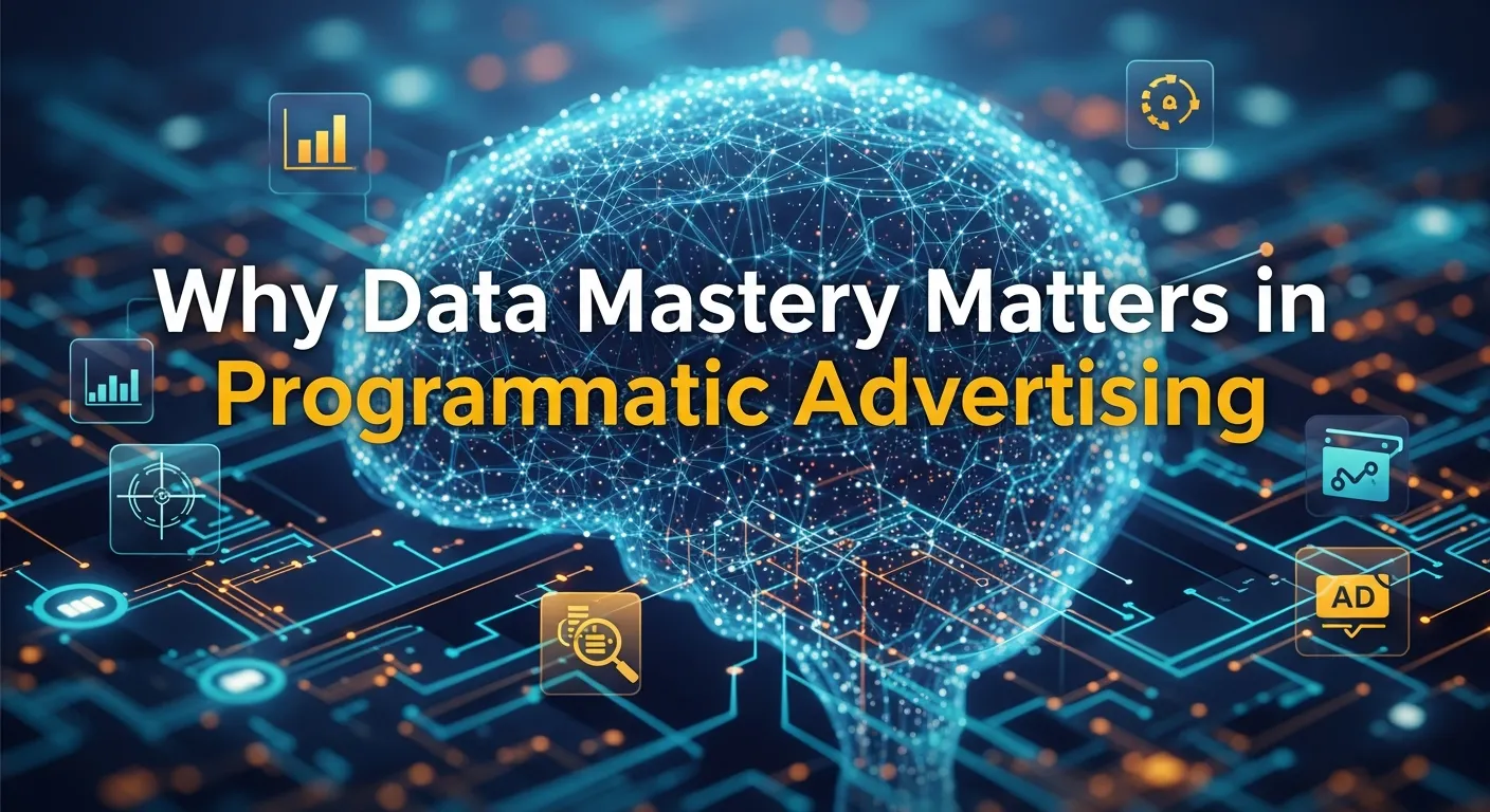 Concept of data mastery in programmatic advertising, showing analytics, insights, and strategic decision-making for better ad performance