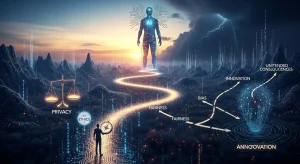 Alt text: Conceptual infographic titled AI Ethics Navigating the Moral Landscape of Artificial Intelligence, featuring balanced scales, digital brains, data privacy shields, fairness icons, transparency symbols, and responsible technology decision-making themes.