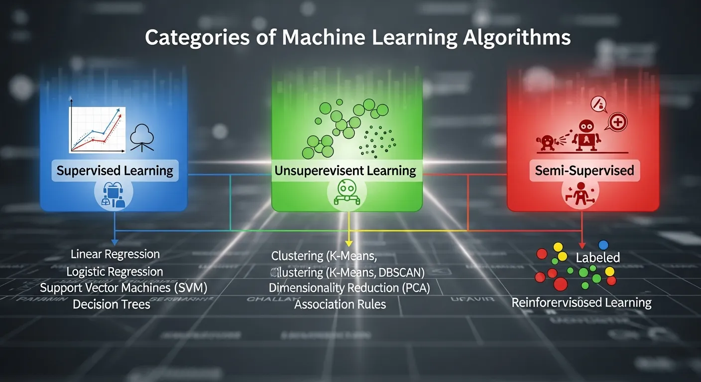 Infographic illustrating categories of machine learning algorithms, including supervised learning, unsupervised learning, and reinforcement learning, with examples like classification, regression, clustering, and reward-based decision systems.