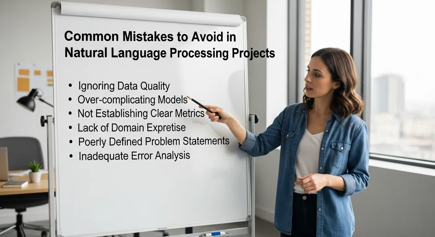 Professional AI infographic illustrating common mistakes to avoid in natural language processing projects, featuring poor data quality, biased datasets, incorrect model selection, lack of preprocessing, overfitting, and evaluation errors in a clean modern machine learning design.