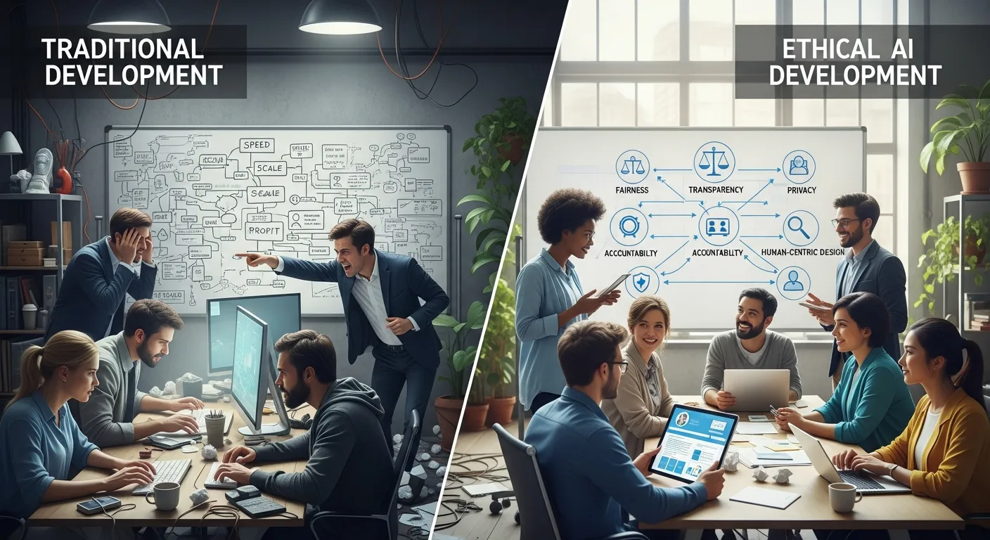 Alt text: Side-by-side comparison infographic of traditional development versus ethical AI development, highlighting differences in decision-making, bias checks, transparency, privacy protection, accountability, user trust, and responsible innovation practices.