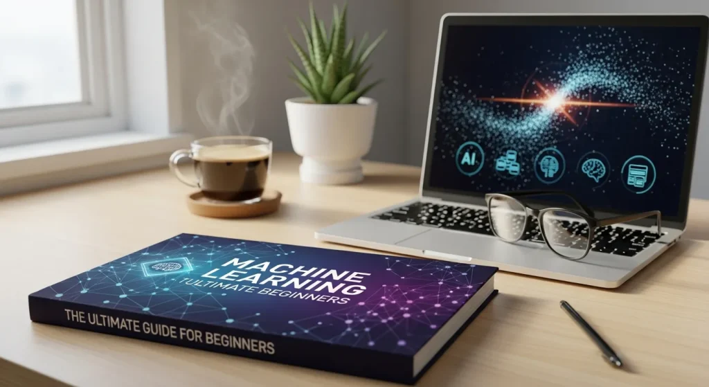 Infographic illustrating a beginner’s guide to machine learning, featuring data collection, algorithm training, model development, supervised and unsupervised learning, neural networks, prediction outputs, and real-world AI applications.