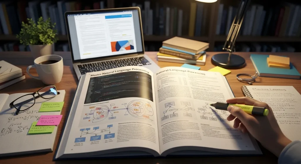 Modern AI infographic illustrating a complete guide to mastering natural language processing, featuring text preprocessing, tokenization, embeddings, language models, sentiment analysis, chatbot development, model training, and evaluation workflows in a clean futuristic data science design.