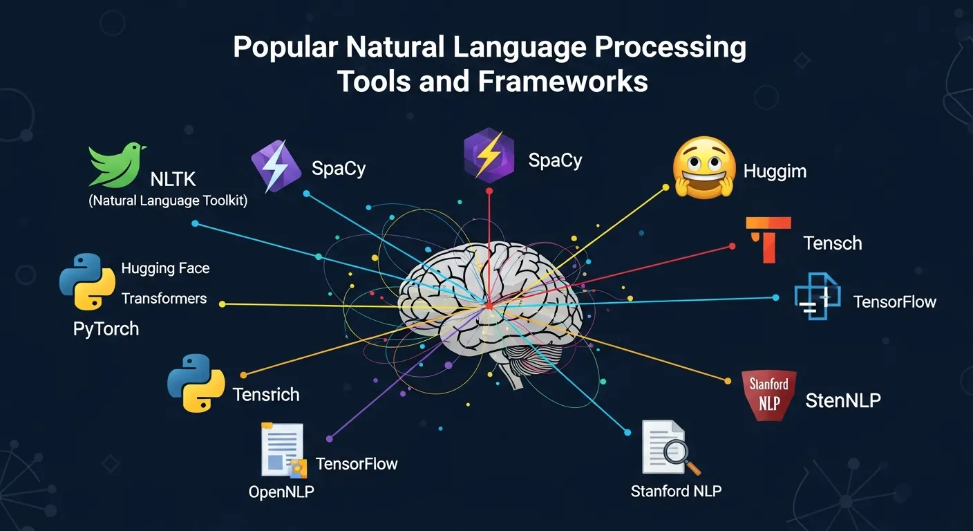 Modern AI infographic illustrating popular natural language processing tools and frameworks, featuring Python NLP libraries, machine learning pipelines, text processing APIs, chatbot development tools, language models, and data analysis dashboards in a clean futuristic tech design.