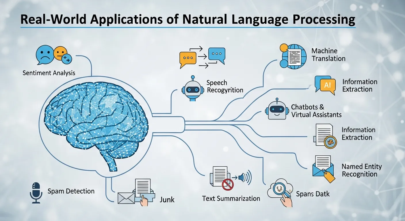 Modern AI technology infographic illustrating real-world applications of natural language processing, featuring chatbots, voice assistants, sentiment analysis, machine translation, customer support automation, text classification, and data insights in a clean futuristic digital design.