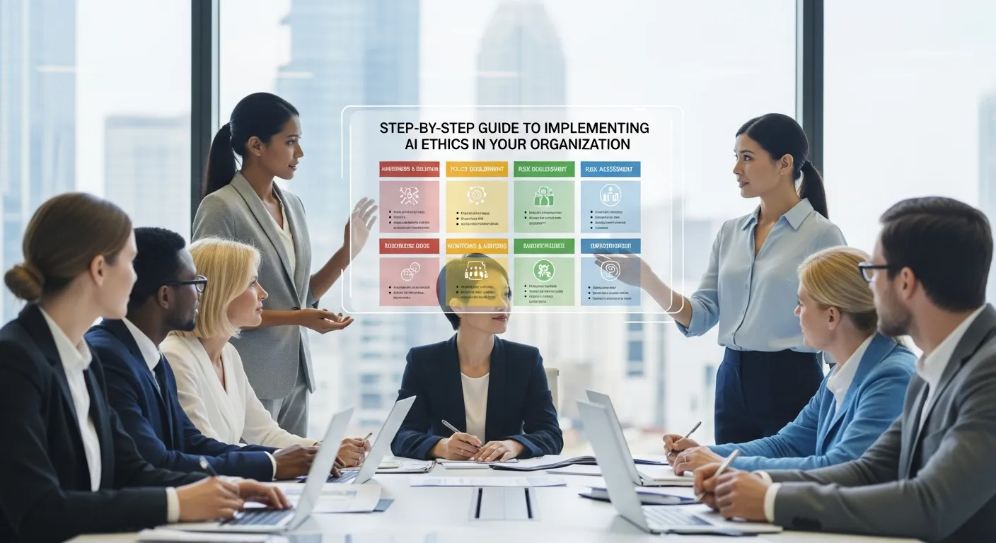 Alt text: Step-by-step infographic showing how to implement AI ethics in an organization, including creating policies, assessing bias, ensuring transparency, protecting data privacy, training teams, monitoring systems, and establishing accountability.
