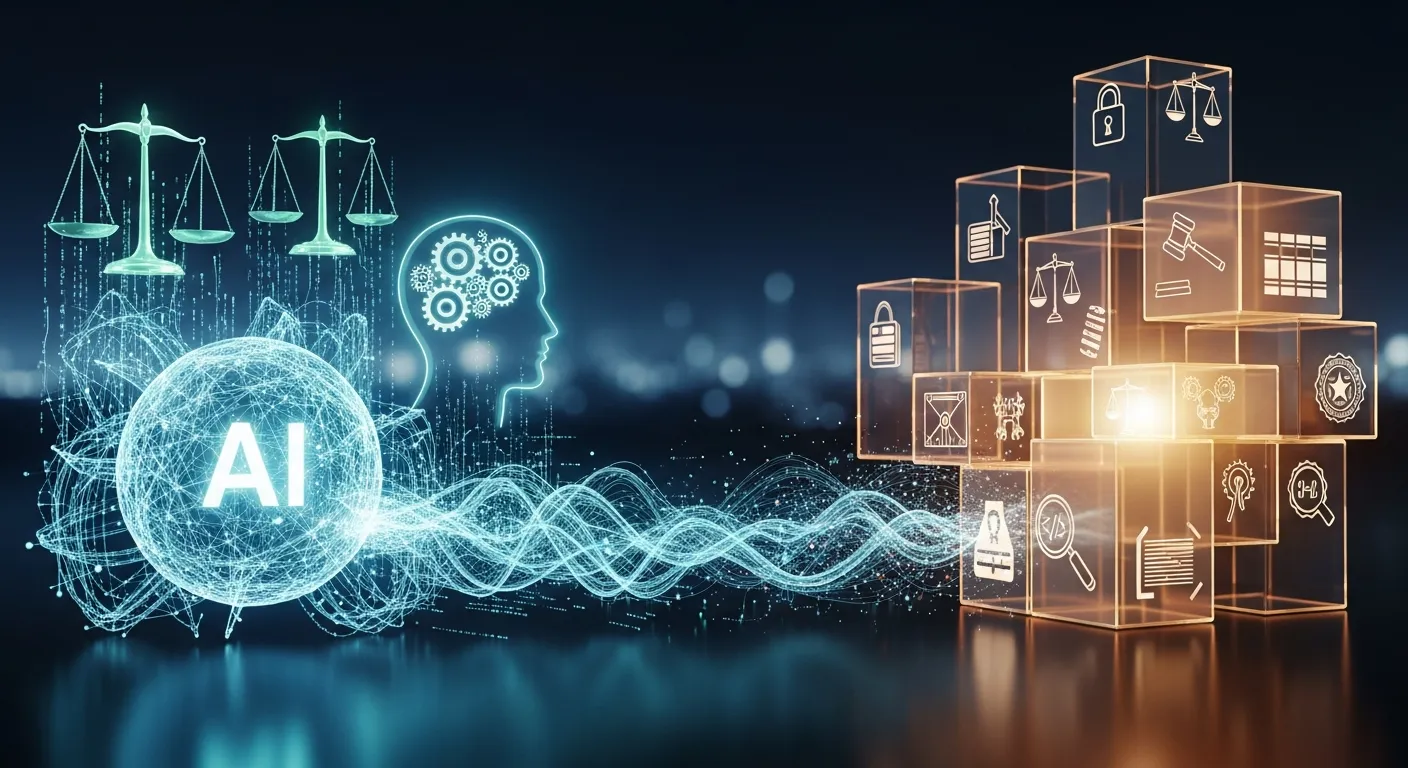 Alt text: Futuristic infographic illustrating the future of AI ethics and regulatory compliance, featuring responsible AI systems, global regulations, data privacy, transparency standards, risk management, and human oversight in advanced technology environments.