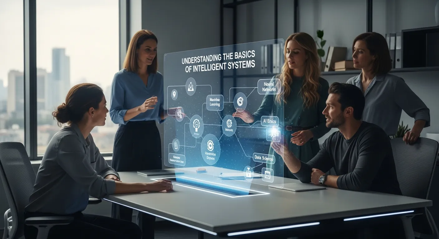 Infographic illustrating the basics of intelligent systems, featuring data input, machine learning algorithms, decision-making processes, neural networks, pattern recognition, automation, and real-world AI-driven applications.