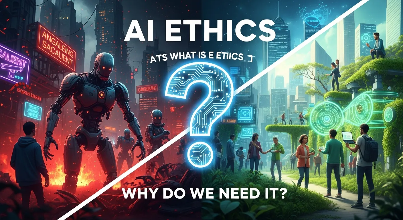 Alt text: Informative infographic explaining AI ethics and why it is needed, featuring concepts like fairness, transparency, privacy, accountability, bias prevention, responsible technology use, and human-centered artificial intelligence.