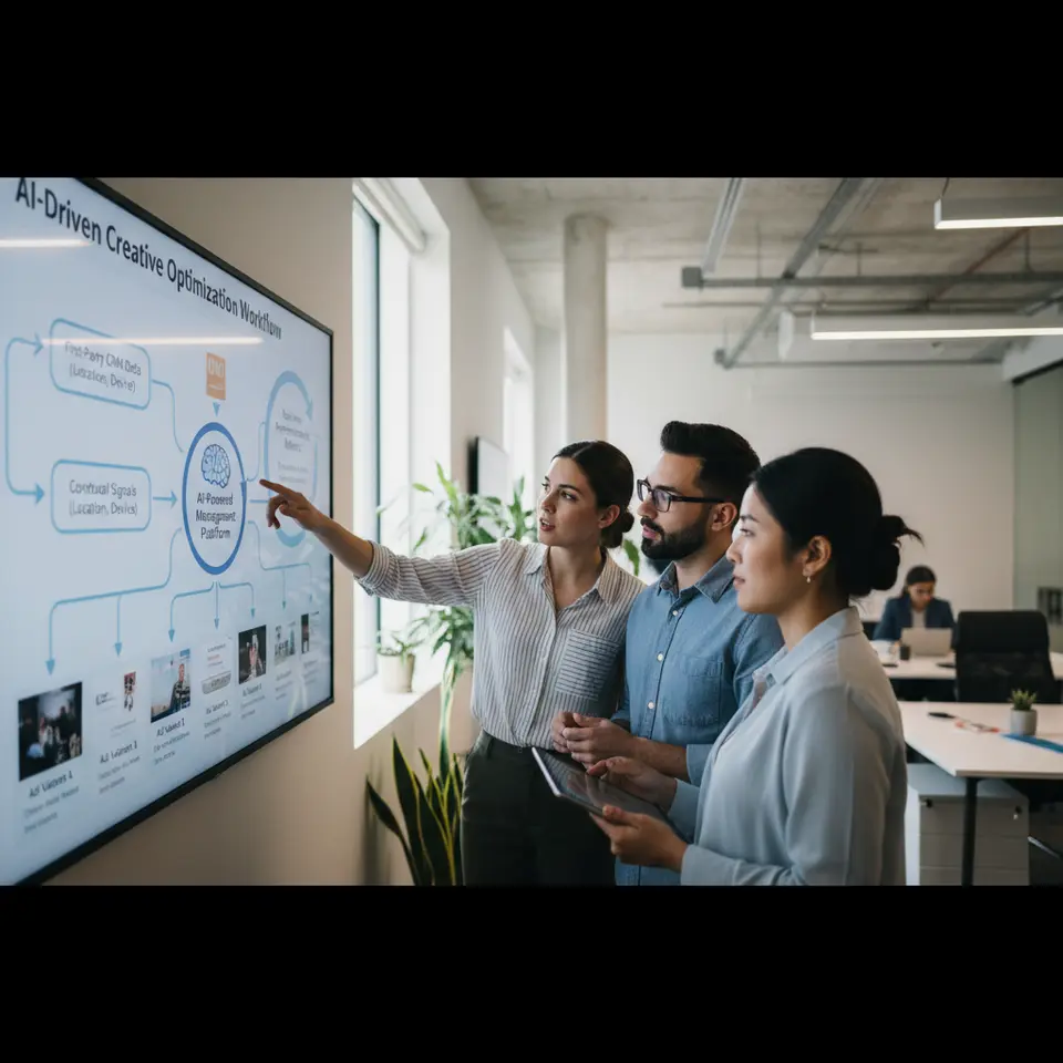 AI-Driven Creative Optimization Workflow: A stylized flowchart showing data streams (first-party CRM data, contextual signals like location and device) feeding into an AI-powered creative management platform, which dynamically assembles multiple ad variants and loops real-time performance metrics back into the engine for continuous refinement.