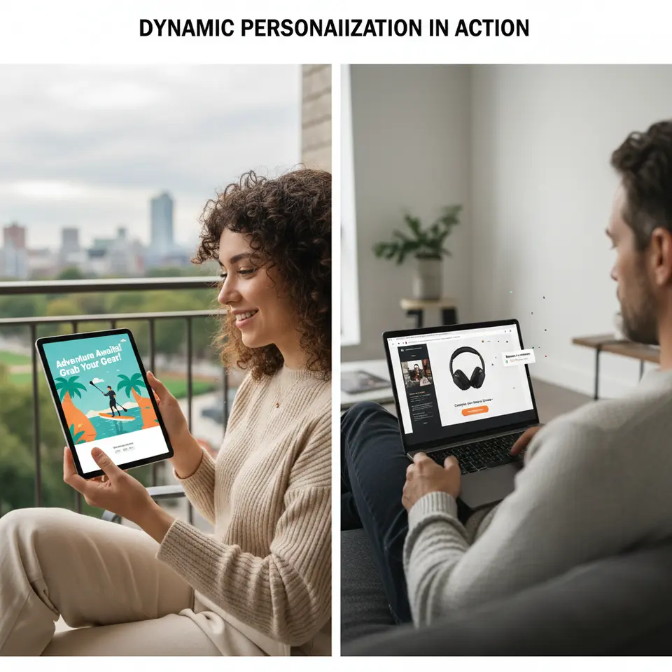 Dynamic Personalization in Action: A split-screen of personalized ads on different devices—one targeting a millennial with a vibrant lifestyle image and playful headline, another showing a recent product browser a matching product image and tailored call-to-action—illustrating on-the-fly creative assembly driven by user profile and behavior.