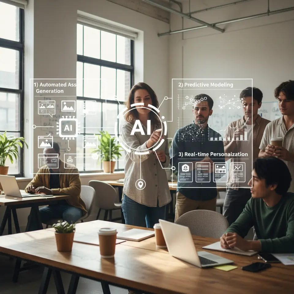 A conceptual pipeline illustration showcasing the three core AI-driven creative optimization functions: 1) Automated Asset Generation – an AI engine producing ad layouts, image crops, and headline variants; 2) Predictive Modeling – data charts and machine-learning graphs forecasting top-performing creatives; 3) Real-Time Personalization – dynamic ad assembly adapting visuals and copy on the fly based on user and contextual signals. Use a central AI hub motif with connecting icons for each function.