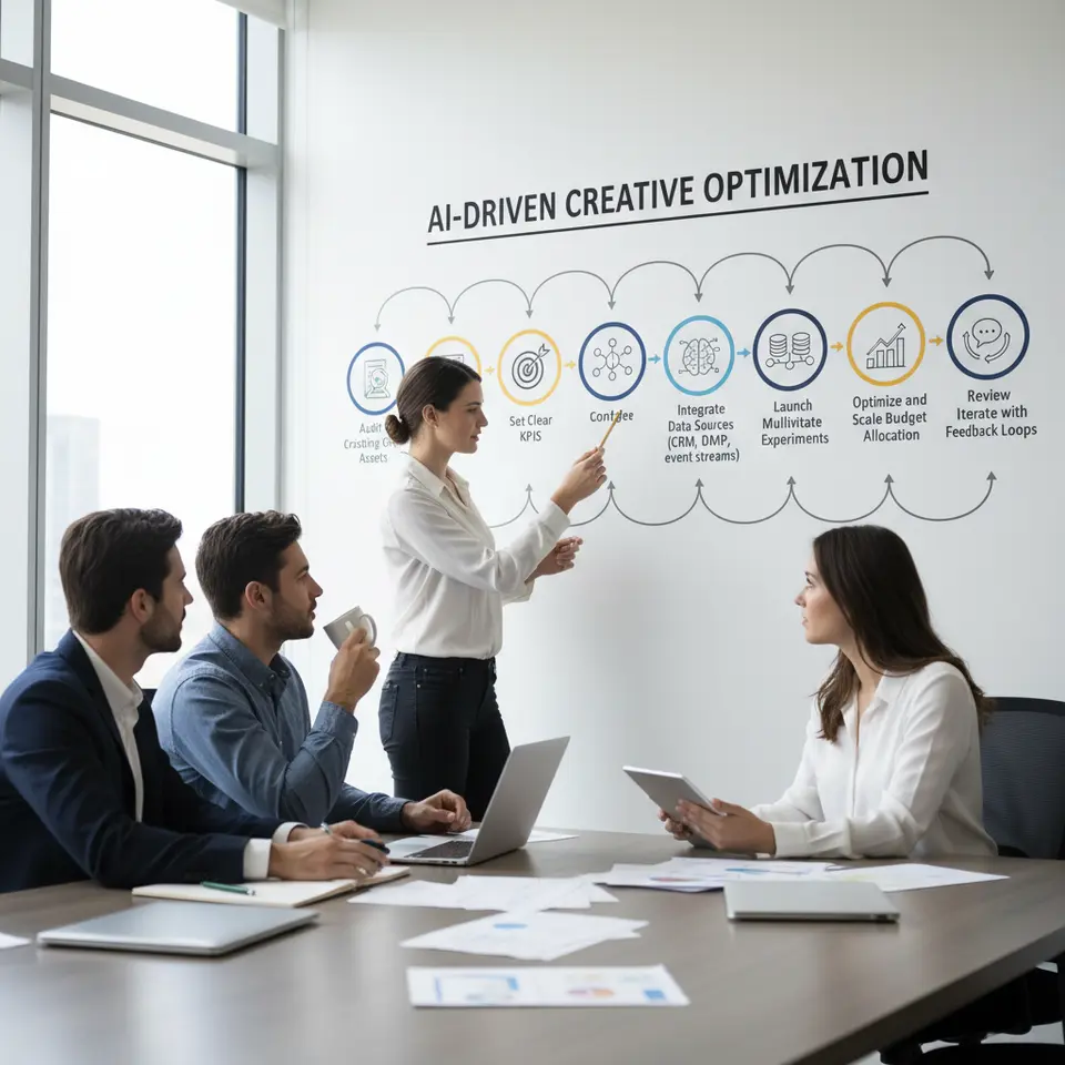 A clean, horizontal roadmap infographic depicting the seven-step AI-driven creative optimization implementation process: 1) Audit Existing Creative Assets, 2) Set Clear KPIs, 3) Integrate Data Sources (CRM, DMP, event streams), 4) Configure AI Models, 5) Launch Multivariate Experiments, 6) Optimize and Scale Budget Allocation, 7) Review and Iterate with Feedback Loops. Include distinct icons for each step and directional arrows illustrating progression.