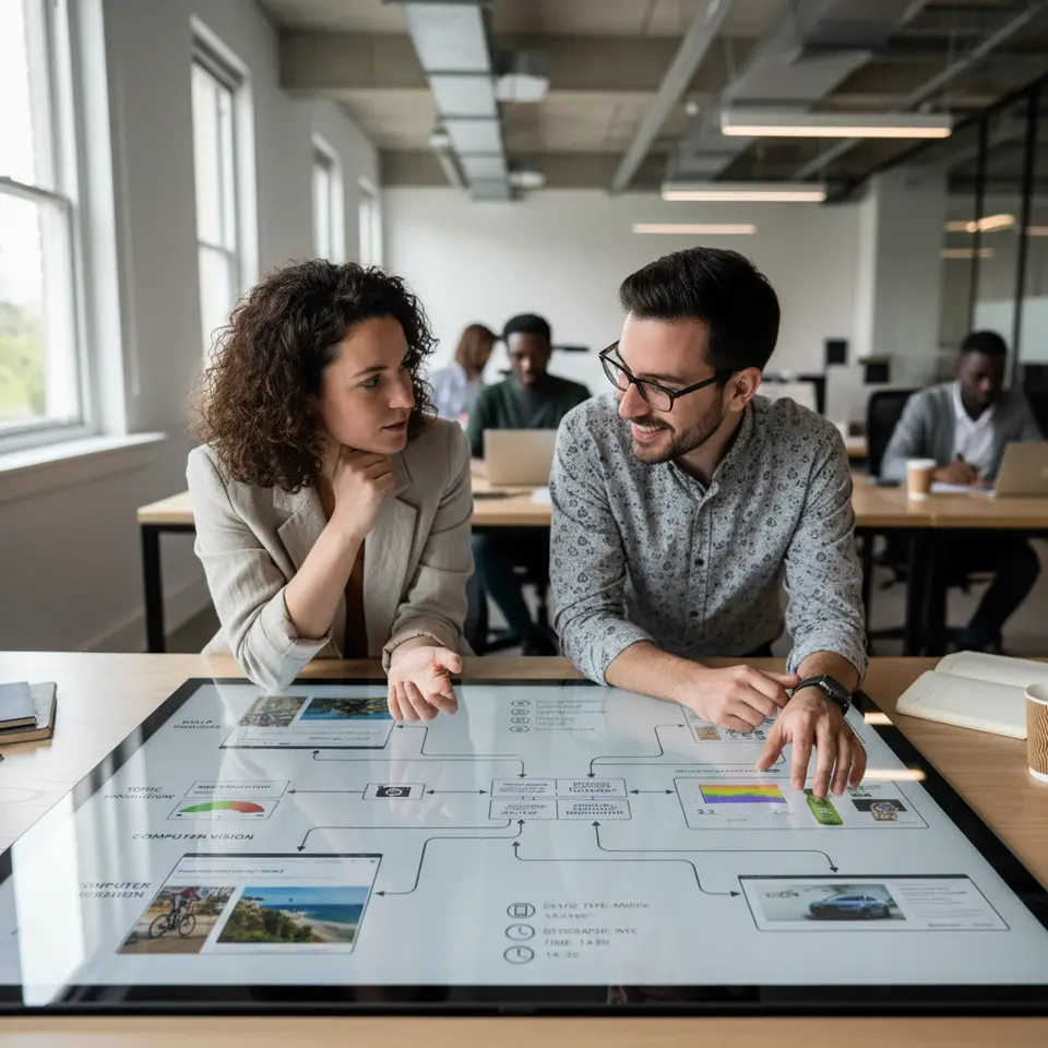 A detailed pipeline diagram of AI contextual targeting: show NLP modules dissecting webpage text for topics and sentiment, computer vision analyzing images and video frames to identify objects and settings, real-time data streams (device type, geography, time of day) feeding into machine learning classifiers that score and select the optimal ad placement.