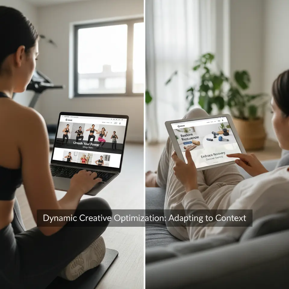 A split-screen dynamic creative optimization example: on the left, a fitness blog page with an ad showcasing vibrant workout gear and energetic copy; on the right, a wellness site page with an ad featuring recovery tools and a softer tone—illustrating how DCO swaps images, headlines, and calls-to-action to match page context automatically.