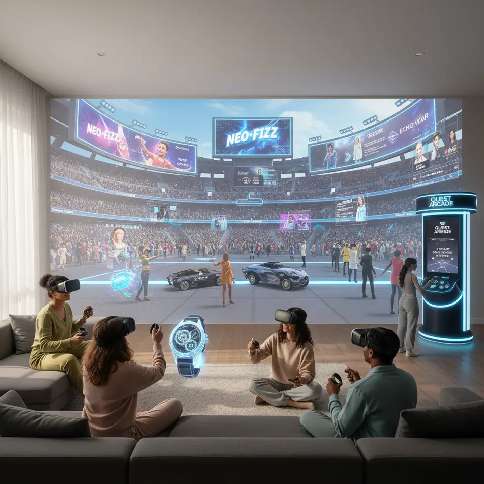 Virtual environment showcasing immersive ad formats: a bustling VR stadium with glowing 3D billboards and spatial overlays on sky-high terraces, interactive branded objects that avatars can pick up and rotate, plus a sponsored mini-game kiosk rewarding users with in-world currency