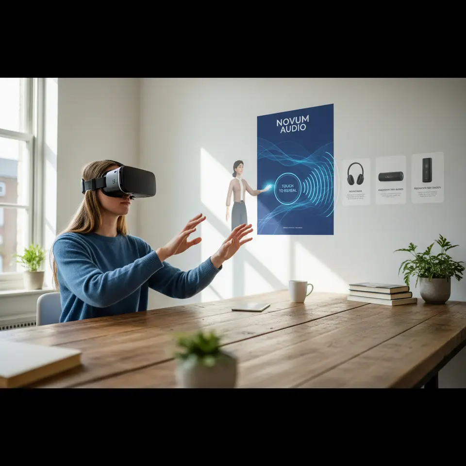 Engaging 3D advertisement in a virtual art gallery: a seamless branded poster on a wall, an avatar reaching out to ‘touch to reveal’ an interactive product demo, directional sound waves indicating spatial audio cues, and adaptive ad assets dynamically resizing based on the user’s perspective